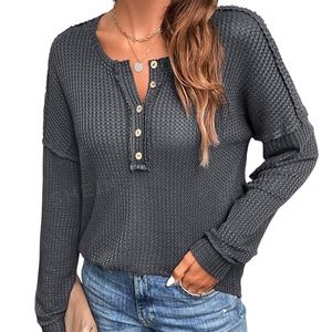 Woman Hendley Waffle Top Extra Large XL Long Sleeve Waffle Knit Tee Solid Grey